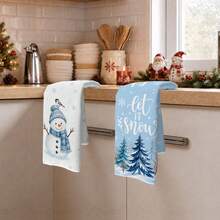 2PCS Kitchen Towels, Christmas Blue Snowman Snowy Scene Kitchen Towel Dish Cloth, Watercolor Style 40*60cm Rectangular Soft Microfiber Cleaning Kitchen Towel, Perfect For Kitchen, Dining Room And Bathroom Use, Christmas Kitchen Decor, Home Decoration, Neighbor Housewarming Gift, Dishcloth Dish Towel - Baby Blue - View 2