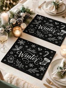 Christmas Table Runner, Placemat, Throw Pillow, Rustic Chalkboard Style Black Background White Text "Hello Winter" Christmas, Snowflake Holly Gloves Candy Cane Sock Pattern, Home Sofa Bedroom Holiday Decor - Multicolor - View 5
