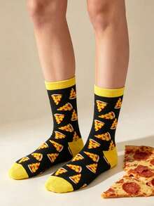1 Pair Women Black & Yellow Contrast Pizza Food Print Funny Mid-Calf Socks, Soft Breathable All Season Style Suitable For Daily Home Party Casual Wear - Multicolor - View 4