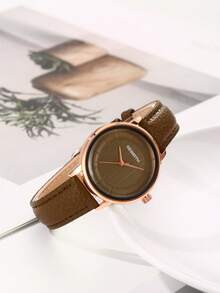 REBIRTH 1pc Women's Minimalist Round Dial Quartz Watch, Fashionable Elegant Wristwatch For Daily Commute Wear - Brown - View 3