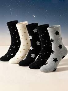 1/5 Pairs Women's Star Print Mid-Calf Socks, Soft Comfortable Breathable Knitted Versatile Casual Socks, Suitable For Back To School Season, All Season Wear, Pair With Robes - Multicolor - View 1
