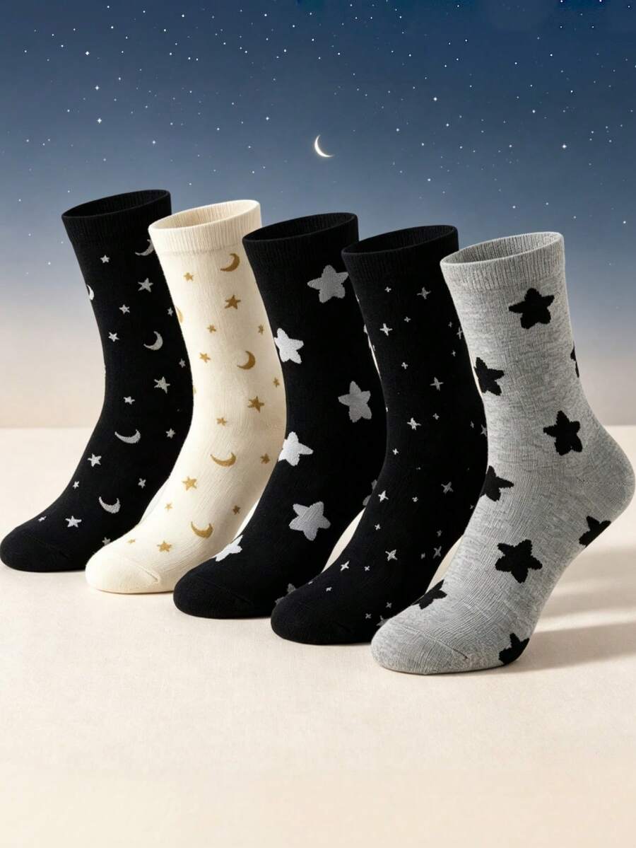 1/5 Pairs Women's Star Print Mid-Calf Socks, Soft Comfortable Breathable Knitted Versatile Casual Socks, Suitable For Back To School Season, All Season Wear, Pair With Robes - Multicolor - View 1
