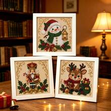 3pcs Vintage Christmas Cartoon Cross Stitch Full Kit 11CT Full Embroidery 20x20cm With Frame And Scissors Threader Pre-Printed Snowman Nutcracker Reindeer Pattern Beginner Friendly Handmade Holiday Decoration - Multicolor - View 2
