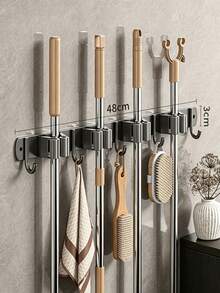 1pc 4-Clip 5-Hook Aluminum Wall-Mounted Bathroom Mop Holder, Broom Rack, Storage Rack, Drill-Free Mop Holder, Suitable For Bathroom And Balcony - Multicolor - View 10