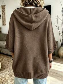 Plus Size Women's Hooded Sweater With Drawstring, Loose Fit Drop Shoulder 3/4 Sleeve Knit Pullover, Comfortable Autumn/Winter Knit Top - Coffee Brown - View 3
