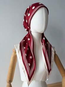 1Pc Muslim Women Polka Dot Pre‑Tied Hijab, Satin Integrated Headscarf, Decorative Border Print Modest Hijab For Daily Prayer Wear - Red - View 2