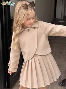 Vihyde Set 2 Potong Jaket Pendek Kerah Lapel Gaya Inggris & Rok Plisket Campuran Wol untuk Anak Perempuan Muda Musim Gugur/Dingin Outfit Musim Gugur - Aprikot - View 3