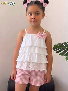 Vihyde Young Girls Cute Ruffle Lace Trim Bow Camisole & Shorts Vacation 2 Pieces Set - Baby Pink - View 10