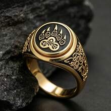 Vintage Totem Emblem Gold Men's Ring, Punk Gothic Style Pattern Wide Band Ring, Personalized Men's Accessory, Halloween Gift - Multicolor - View 6