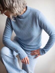 "Soft Light Filter" Lake Blue Long Sleeve Rolled Hem Mock Neck Base Layer Knit Sweater 100% Merino Wool Autumn New Versatile Slimming Soft Elegant Comfortable Top - Lake Blue - View 2