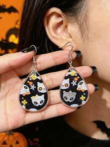 1 Pair Cute Water Drop Shaped Candy Skull Cat Floral 2D Flat Acrylic Pendant Earrings, Women's Halloween Party Decoration, No Packaging Box - Earring - View 2