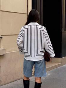 Women's Spring/Autumn Long Sleeve Top, Geometric Spiral Stripe Pattern, Commute Daily French Minimalist Style Casual Shirt - Multicolor - View 2