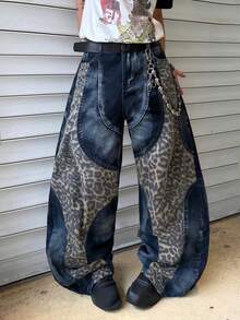 Infinite Jeans 1pc American Street Fashion Men's Patterned Patchwork Leopard Print Denim Jeans Loose Wide Leg Pants Comfortable Versatile All-Season Long Pants (Produk Tidak Termasuk Sabuk dan Aksesoris) - Biru - View 7