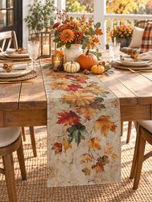 1PC Autumn Pumpkin Maple Leaf Table Runner, Linen Fall Harvest Tablecloth Runner With Pumpkin, Acorn, Berry And Botanical Print, Rustic Farmhouse Dining Table Decor For Thanksgiving, Kitchen, Dining Room, Fall Party And Seasonal Home - Multicolor - View 10