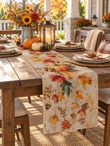 1PC Autumn Pumpkin Maple Leaf Table Runner, Linen Fall Harvest Tablecloth Runner With Pumpkin, Acorn, Berry And Botanical Print, Rustic Farmhouse Dining Table Decor For Thanksgiving, Kitchen, Dining Room, Fall Party And Seasonal Home - Multicolor - View 5