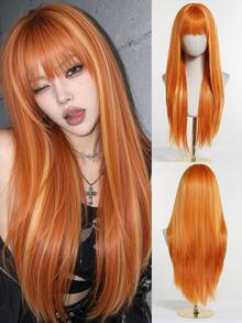 Topshe [MONEET SECRET] Halloween Series 26-Inch Orange Highlighted Synthetic Fiber Woven Long Straight Wig With Bangs And Layered Design, Natural Look, Comfortable To Wear, Suitable For Parties, Cosplay, Dates, Christmas And Halloween - Multicolor - View 11