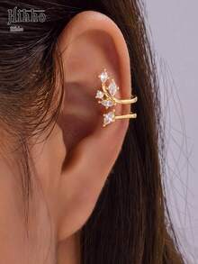 Hihho 1pc Exquisite Asymmetrical Horse Eye Zirconia Double C Ear Cuff, Layered Aesthetic Accessory For Women, Streamlined Leaf Rhinestone No-Piercing Ear Cartilage Clip, Elegant Ear Jewelry For Photo, Gift - Streamlined Leaves - View 2