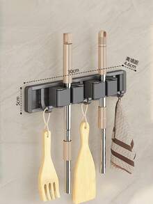 1pc Multifunctional Wall-Mounted Broom & Mop Holder, Silver Gray Rust-Proof Self-Adhesive Tool Organizer With Hooks, Suitable For Laundry Room, Garage, Kitchen, Christmas & Thanksgiving Home Cleaning Gift - Multicolor - View 8