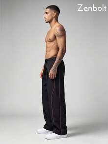 ZenBolt Dark Tone Colorblock Drawstring Casual Pants, Loose Fit High Street Men's Wear - Black - View 2