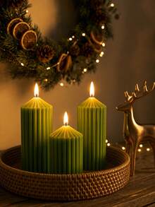 Green Striped Decorative Candle Ribbed Textured Aesthetic Wax Candles For Christmas Holiday Decor, Warm Silent Style Home Atmosphere, Minimalist Decorative Candle Centerpiece Christmas Present Decorations Gift For Woman Winter Gift - Green Cone-shaped Pillar Candle - View 8