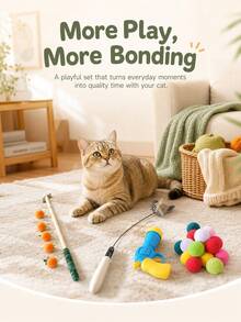 7Alas 4Pcs Interactive Cat Toy Set, Feather Teaser Wand & Plush Puffball Launcher With 20 Soft Balls, Lightweight Handheld Exercise Training Kitten Toys For Indoor Chasing Pouncing Home Playroom Fun - Multicolor - View 4