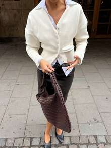 Women's Drop Shoulder Round Neck Buttoned Ribbed Waist Fashion Casual Commute Wear Solid Color Long Sleeve Knit Sweater Cardigan Outfit, Fall Winter - Beige - View 5