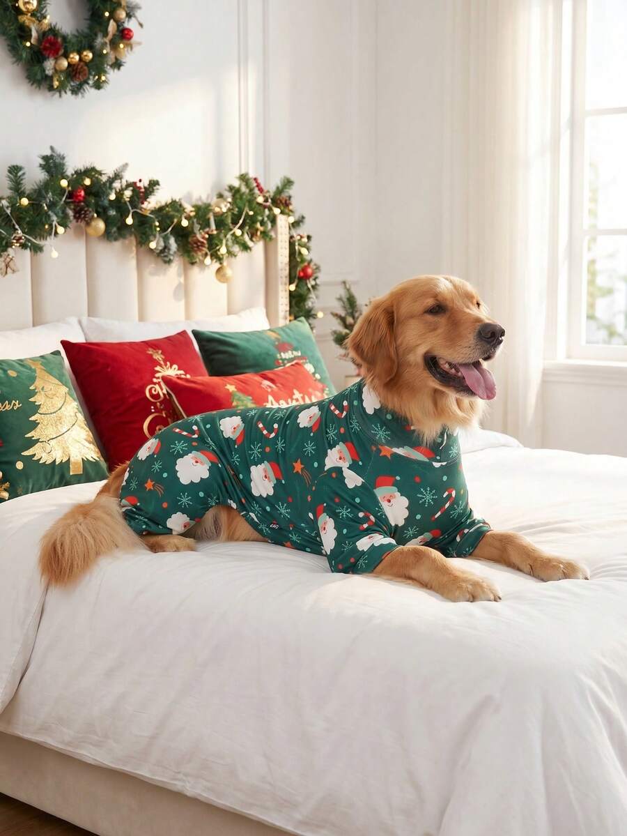 1PC Christmas Dog Pajamas - Soft Warm And High Stretch Full Coverage Pet Rompers, Anti Licking & Bug Protective Jumpsuit For Small Medium Large Dogs, Christmas All Over Printing Dog Clothes - Cute Cartoon Santa Claus Pattern - Multicolor - View 1