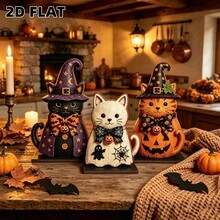 2D Flat Design 3pcs Cat Decor, Pumpkin Halloween Wooden Decorative Sign, Party Decoration, Holiday Gift, Home Wall Decor, Welcome Sign, Desktop Office Decor Ornament, Christmas Decoration - A - View 3