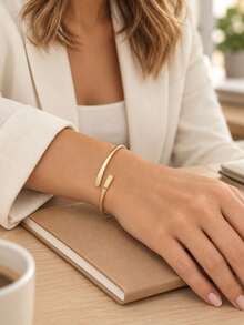 1pc Gold Tone Cuff Bracelet For Women, Minimalist Open Bangle With Flat Ends, Slim Stackable Jewelry For Everyday Wear And Work - Multicolor - View 4