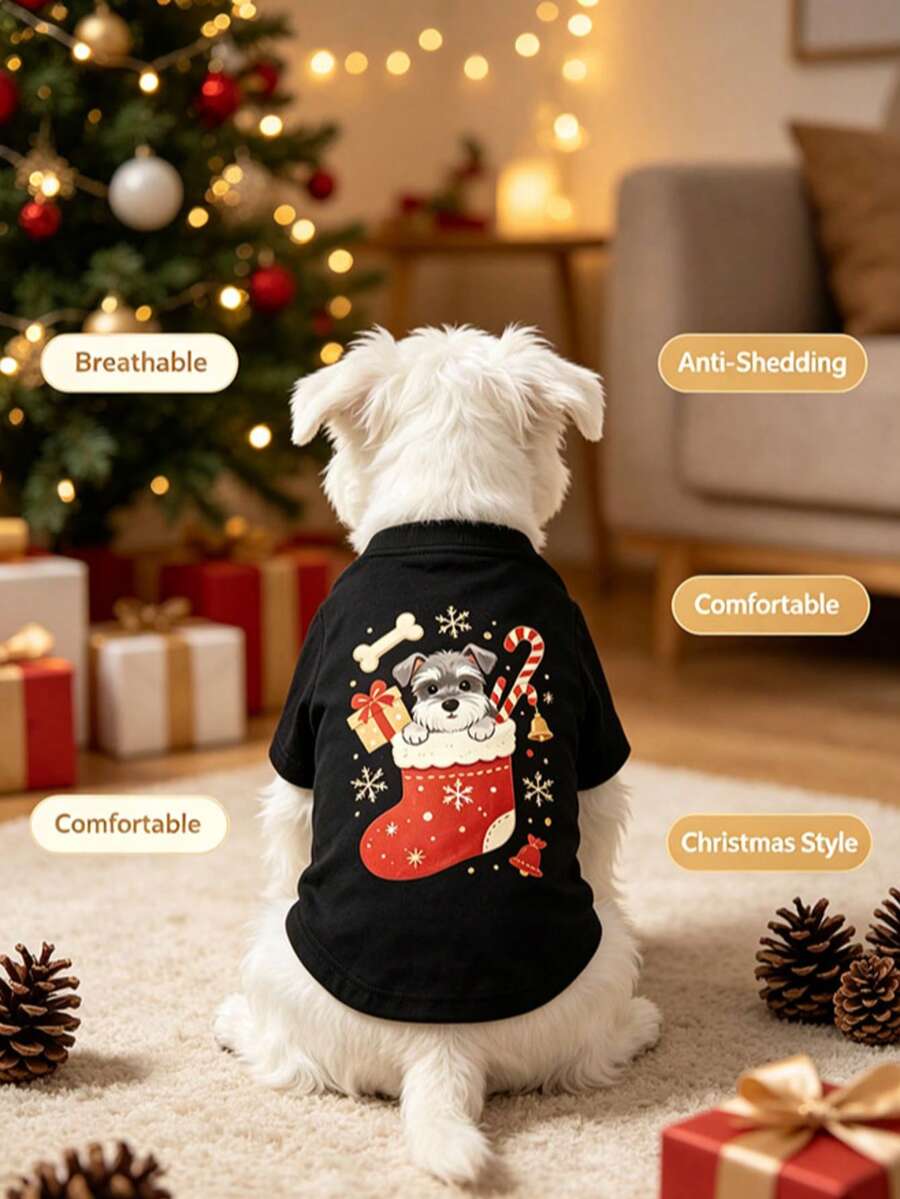 1pc Christmas Print Pet Tank Vest, Breathable Anti‑Shedding Lightweight Comfortable Pet Clothes For Small Dogs & Cats - Multicolor - View 1