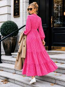 Women's A-Line Floral Maxi Dress With Long Sleeves - Pink - View 4