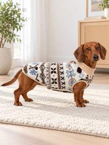 1PC Reversible Mini Dachshund Dog Coat , Fair Isle & Plaid Print Double Sided Sausage Dog Jacket, Slight Stretch Soft Warm Winter Wiener Dog Clothes For Mini And Standard Dackel Teckel Dogs - Beige - View 7
