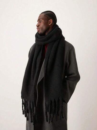 1pc Men's Solid Color Thick Warm Scarf, Fashionable Tassel Design Versatile Shawl, Suitable For Daily Warmth And Outfits, Autumn/Winter Season