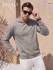 FEIAO Men's Vintage "Old Money Style" Solid Color Fleece Lined Sweatshirt, Suitable For Commuting And Casual Wear, Versatile Styling - Light Grey - View 4