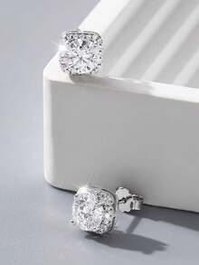ESBERRY 1 Pair Shiny Cubic Zirconia Square Halo Stud Earrings, Women's Jewelry, Mother's Day Gift For Women And Girls - Silver - View 7