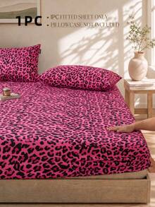 1pc Magenta Leopard Print Cherry Bow Pattern Fitted Sheet, Branch Pattern Mattress Protector, Fitted Sheet, Soft & Breathable, --Twin, Full, Queen, King Size, Deep Pocket Design Up To 11.8 Inches, Machine Washable. Back To School Dorm Essential - Hot Pink - View 2