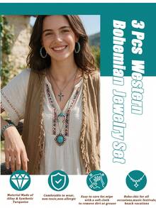 Yanxyad Boho Turquoise Jewelry Set, Multi‑Layer Cross Horseshoe Pendant Necklace, Hoop Earrings & Open Cuff Bangle, Vintage Accessories For Women - Blue - View 6