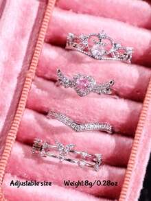 4pcs Set Premium Elegant Fashion Exquisite Shiny Unique Crown Heart Butterfly Geometric Copper Inlaid Zirconia Pink Diamond Ring Set For Women Daily Wear Holiday Party Jewelry - Multicolor - View 7