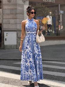 New Porcelain Pattern Halter Waist A-Line Elegant Dress, Spring/Summer Party - Blue and White - View 1