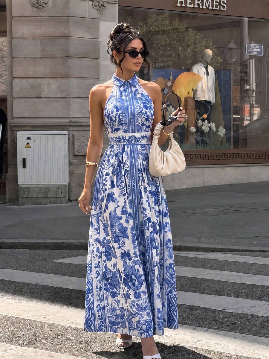 New Porcelain Pattern Halter Waist A-Line Elegant Dress, Spring/Summer Party - Blue and White - View 1