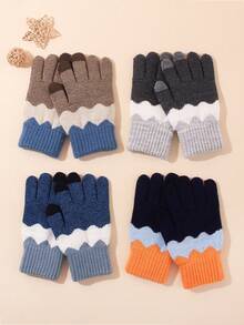 1 Pair Boys Wavy Color Block Knit Screen Gloves, Soft Warm Full‑Finger Gloves For Kid Winter Daily Outdoor Activities - 1Pair - View 9