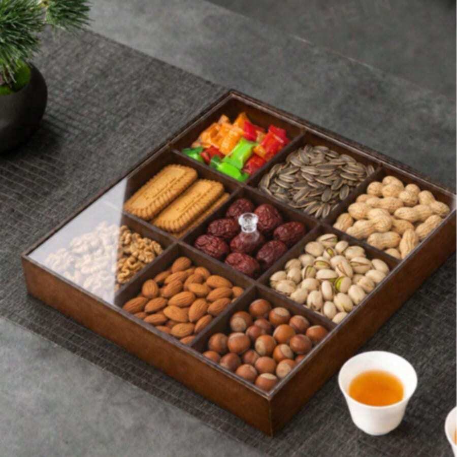 1pc Walnut Wood Multi-Compartment Tray With Lid, Suitable For Snacks, Desserts, Cookies, Appetizers, Versatile For Various Occasions - Maroon - View 1