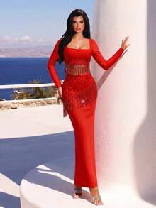 Women's Square Neck Long Sleeve Water Drop Pendant Bandage Dress Set - Red - View 4
