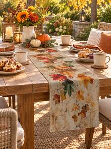 1PC Autumn Pumpkin Maple Leaf Table Runner, Linen Fall Harvest Tablecloth Runner With Pumpkin, Acorn, Berry And Botanical Print, Rustic Farmhouse Dining Table Decor For Thanksgiving, Kitchen, Dining Room, Fall Party And Seasonal Home - Multicolor - View 3