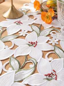 1pc Lily Flower Embroidered Tassel Table Runner, Elegant Dining Table Decor, Suitable For Dining Table, Party And Home Decoration - White - View 6
