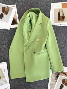 Spring/Summer Women's Solid Color Long Sleeve Double-Breasted Blazer, Notched Collar | Suitable For Dates, Parties, Outings And Holiday Celebrations - Green - View 7