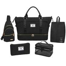 5‑In‑1 Travel Duffel Bag Set Quilted Weekender Tote With Shoe Compartment Cosmetic Pouch Sling Backpack For Travel - Black - View 1