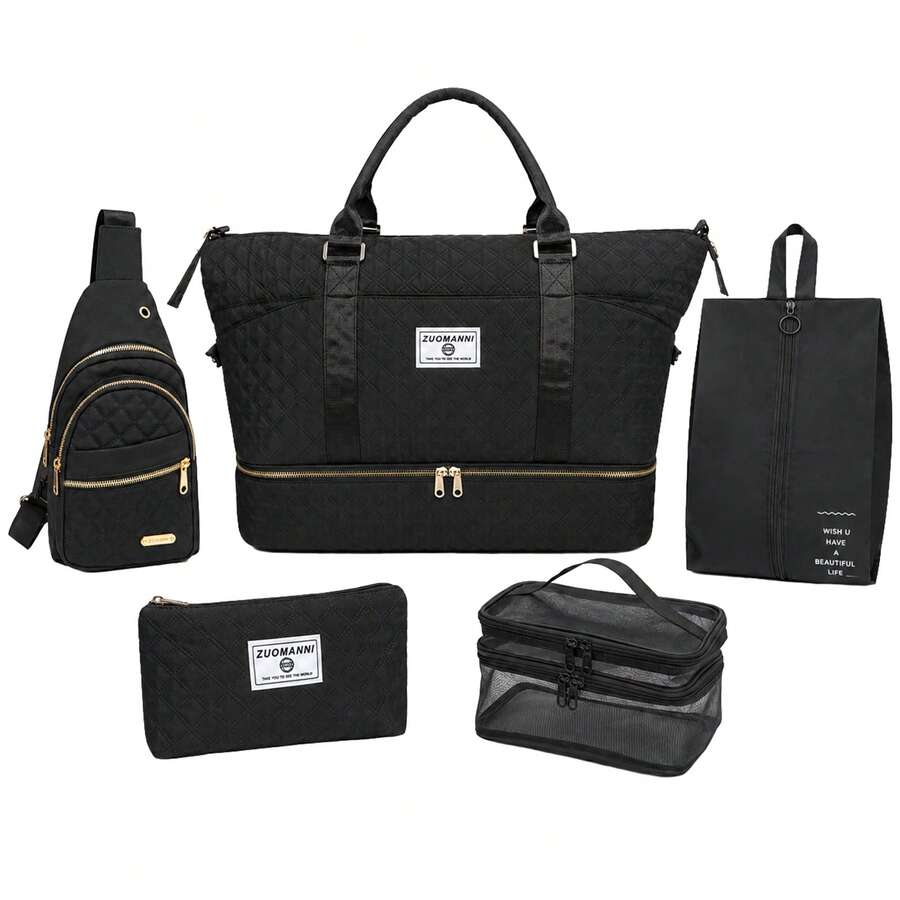 5‑In‑1 Travel Duffel Bag Set Quilted Weekender Tote With Shoe Compartment Cosmetic Pouch Sling Backpack For Travel - Black - View 1
