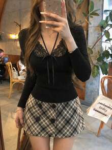 2026 Autumn/Winter New Pure Desire Style Lace Patchwork Halter Neck Knit Top, Sexy Ribbon Tie Slim Fit Flattering Long Sleeve T-Shirt - Black - View 6