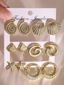 6 Pairs Fashionable Women's Gold Earrings Set Unique Geometric Shapes Multiple Starfish Element Stud Earrings Gold Earrings - Gold - View 4